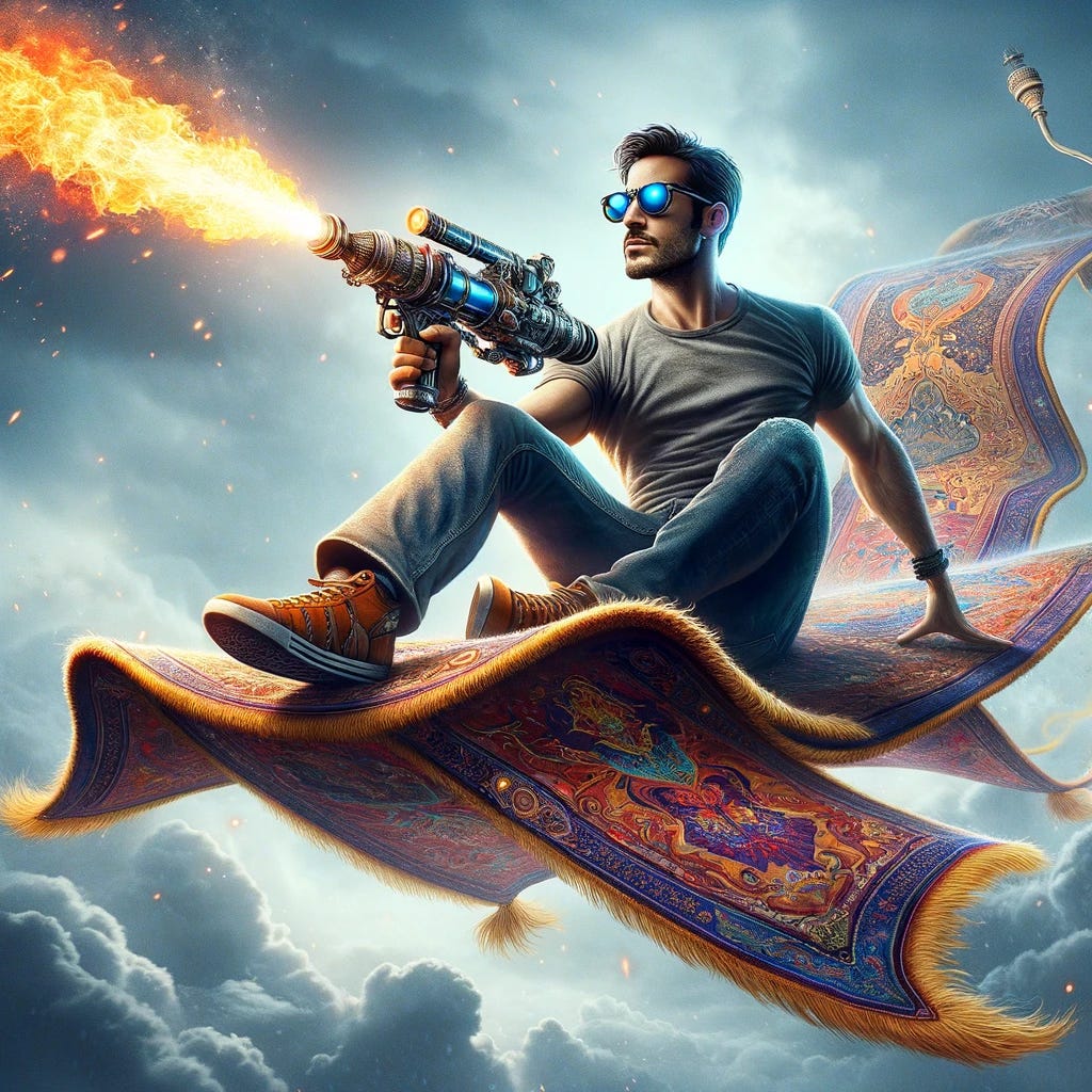 Imagine a daring scene where a man, exuding confidence and adventure, rides a vibrant, ornate magic carpet through the sky. He's donned in casual yet stylish attire, possibly jeans and a t-shirt, with sleek sunglasses that add an aura of mystery to his demeanor. In one hand, he wields a flamethrower, unleashing a powerful torrent of flames into the air ahead of him, contrasting sharply with the serene backdrop of the sky. The magic carpet is detailed with intricate patterns and colors, enhancing the fantastical element of the scene. The image captures a moment of exhilarating freedom and power, blending the modern with the magical in a visually stunning composition.
