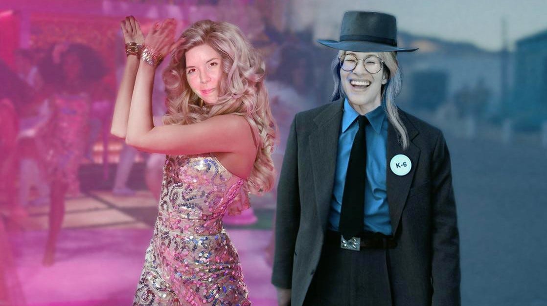 A goofy Photoshop of Gabrielle's face on Barbie, and Sennah's face on Oppenheimer