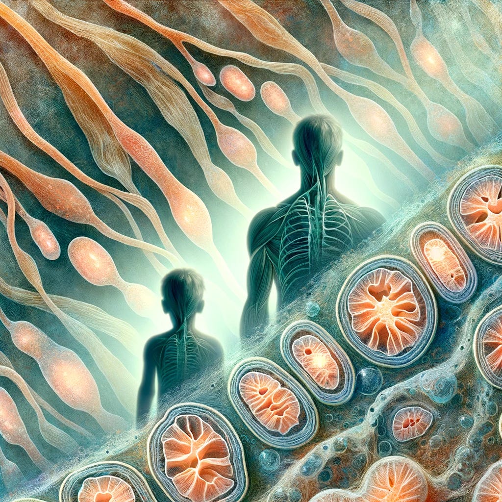 An abstract image showing skeletal muscle fibers at a microscopic level, with textures and striations typical of muscle tissue. In the foreground, a faded, ghostly silhouette of a child juxtaposed with a clearer silhouette of an older adult. Scattered mitochondria, small, oval, double-membraned organelles with inner membranes convoluted into cristae, some glowing brightly, others dim and less structured, symbolizing impaired function. The color palette includes muted earth tones with hints of blue and orange, with soft rays of light highlighting the mitochondria. Artistic, detailed texture with a focus on light and vitality.