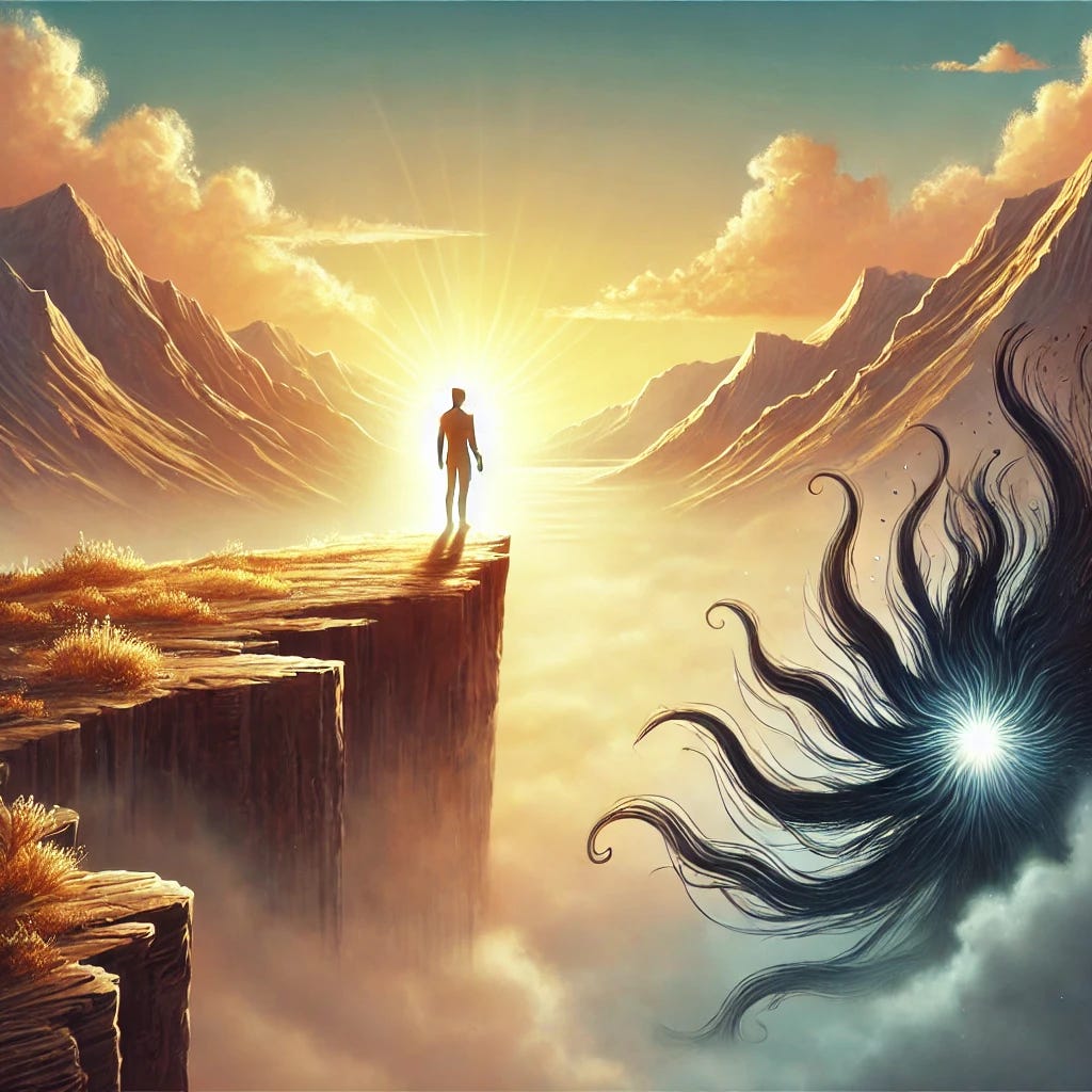 A powerful symbolic illustration representing overcoming lust: a person standing at the edge of a serene mountain cliff at sunrise, gazing toward the horizon. The figure is wrapped in light, signifying inner strength and clarity, while dark, shadowy tendrils below the cliff—representing lust—are breaking apart and dissolving into the air. The scene is peaceful yet inspiring, with soft, warm colors like gold, amber, and light blue dominating the image.