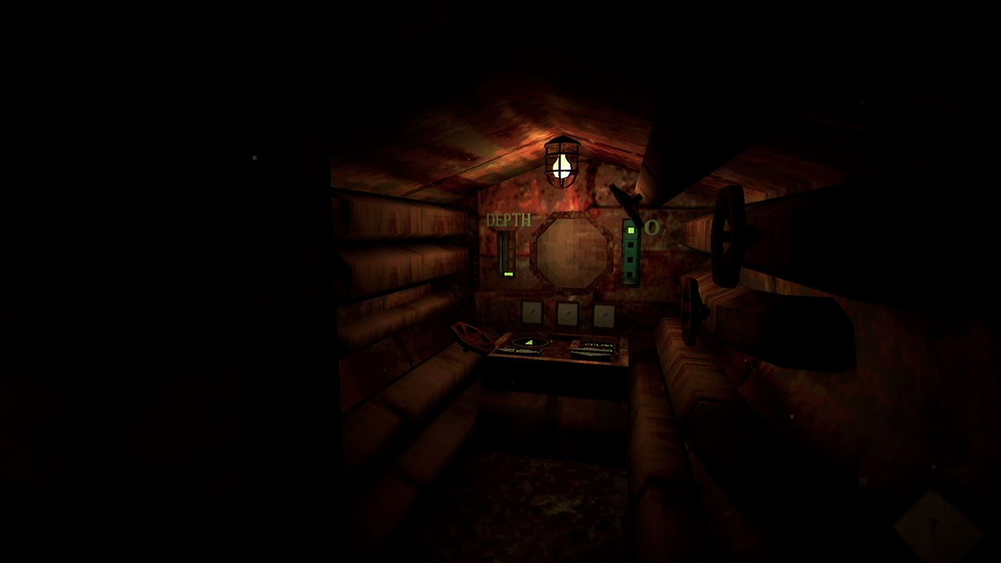 A screenshot of the submarine interior from the game Iron Lung. It is tiny and a rusty reddish-brown.