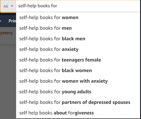 A search for "self-help books for..." on Amazon, which has autopopulated results like "self-help books for women"