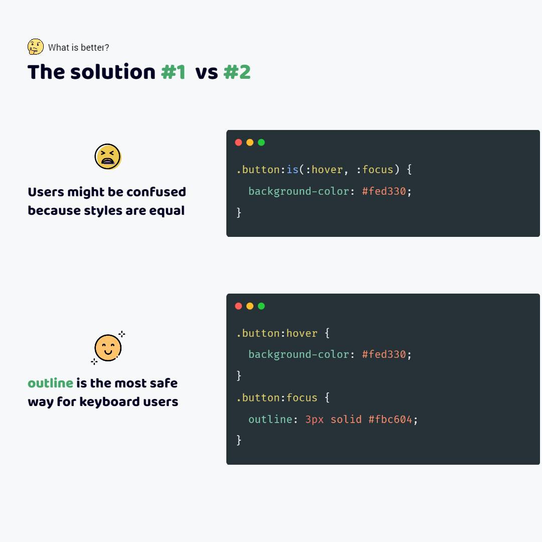 A wrong code. Hover, focus styles are the same. A correct code. Every state has unique styles