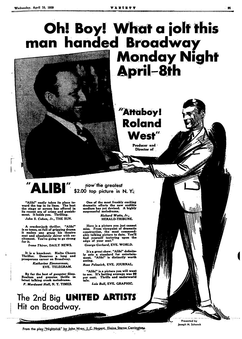 Advertisement for Alibi in Variety magazine, April 1929