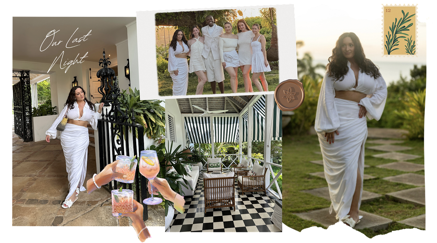 Images of Bella and friends in all white for one final Round Hill dinner to end their Jamaican getaway