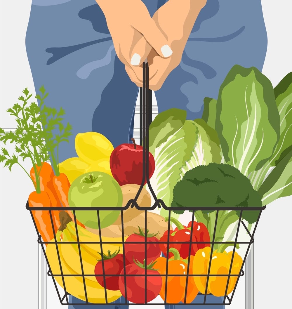 A colourful illustration of a shopping basket filled with fruit and vegetables.
