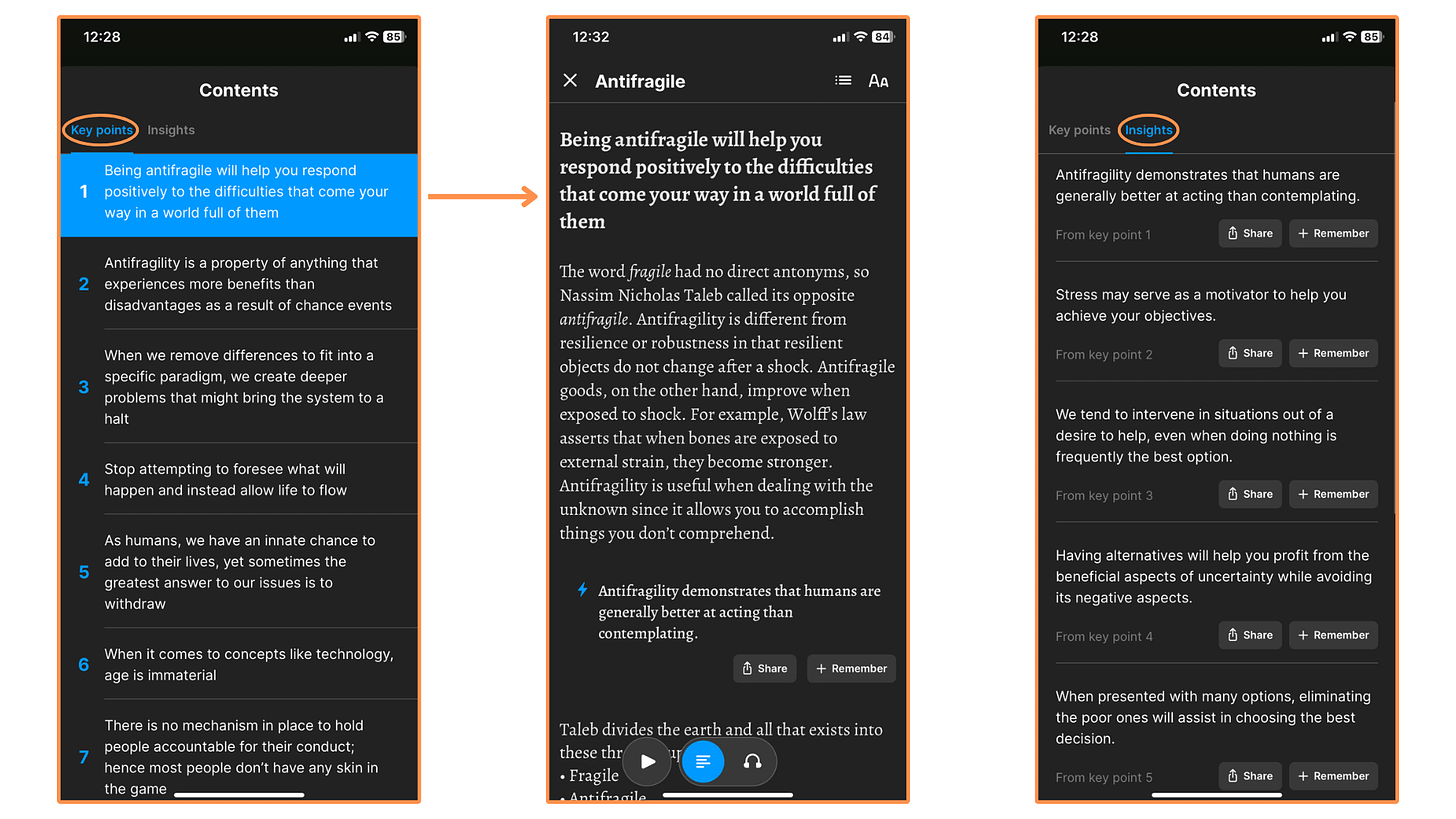 Headway's "key points" and "insights" for the book Antifragile (mobile app)