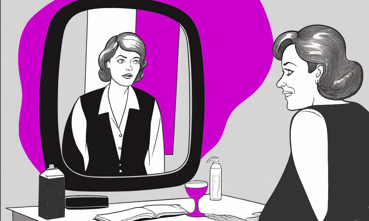 A confident woman stares into a mirror, her reflection looks back is anxious. Created with Tess.design - an ethical AI image tool. Model by Spooky Things A confident woman stares into a mirror, her reflection looks back is anxious. Created with Tess.design - an ethical AI image tool. Model by Spooky Things