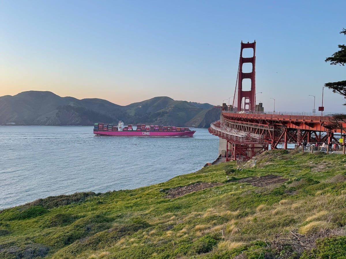 Ship coming in under Golden Gate Bridge