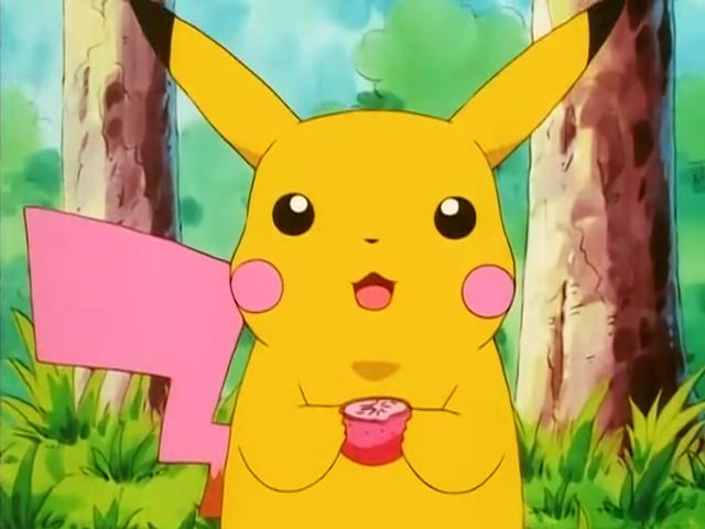 Pikachu from the Pokémon anime episode "In the Pink" eating a Pinkan berry, which turns his tail a bright shade of pink!