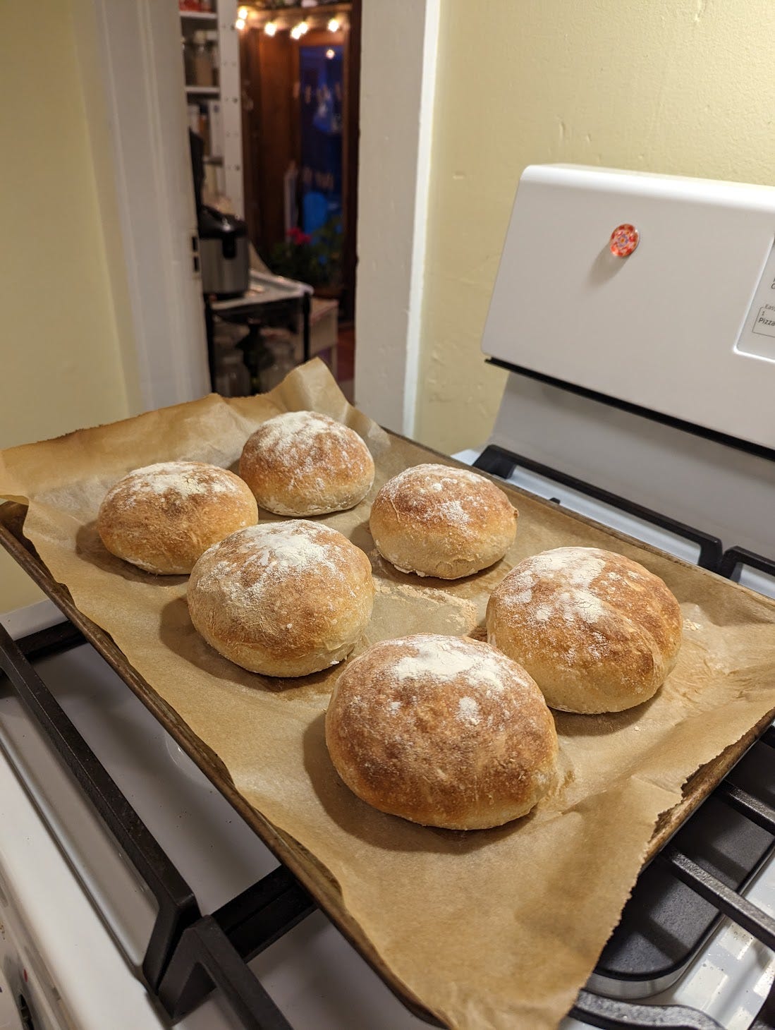 Six sourdough buns just out of the oven.