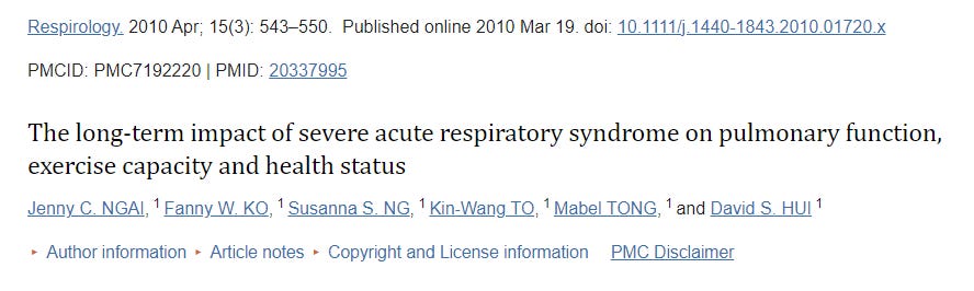NIH study: "The long‐term impact of severe acute respiratory syndrome on pulmonary function, exercise capacity and health status"