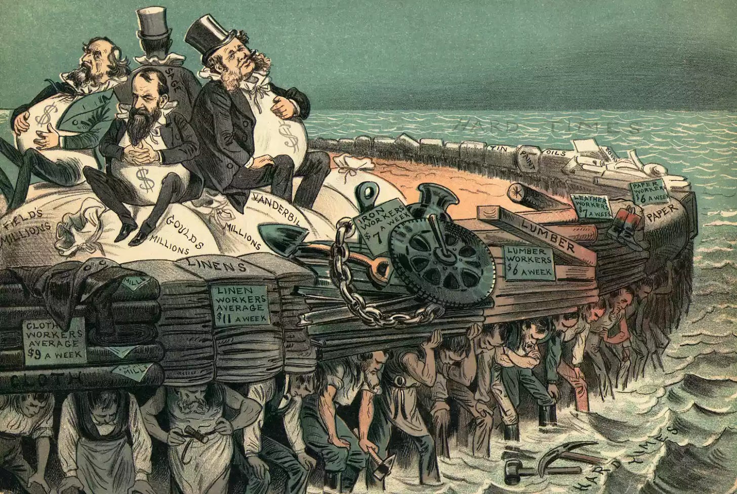 Political cartoon depicting 19th century robber barons.