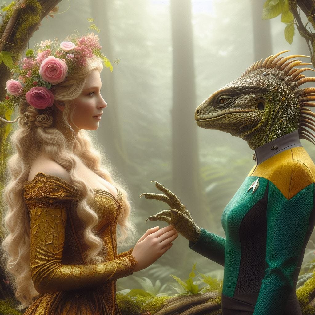 Blond Gaia Goddess with flowers in her hair and Female lizard Starfleet Officer in uniform meet in the forest to discuss. Realistic image
