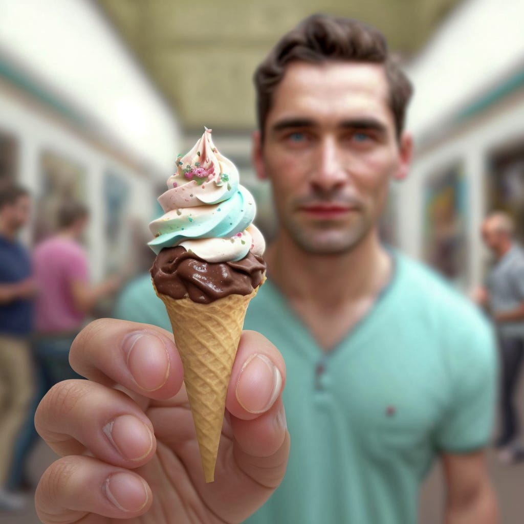 man holding a very tiny icecream, realistic