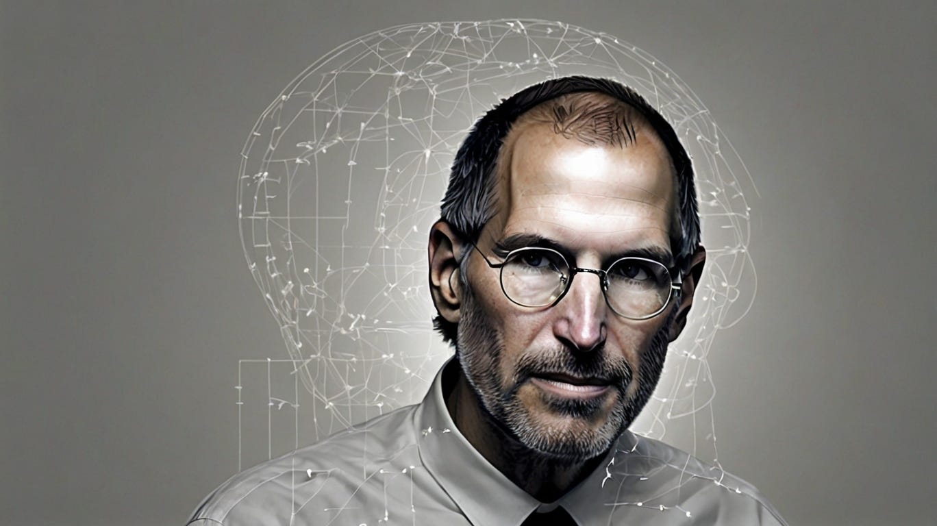 Estou trabalhando em um artigo sobre como Steve Jobs tinha a capacidade de antecipar o futuro. Gostaria de uma colagem como se fosse um cartaz de filme só que horizontal, com diversas fases da personalidade, demonstrando as suas inovações.