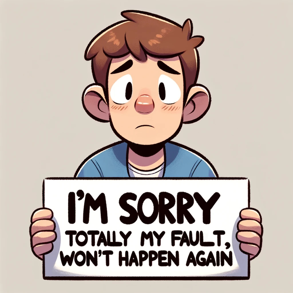 Illustration of an person holding a sign in front of his chest which reads "I'M SORRY: TOTALLY MY FAULT, WON'T HAPPEN AGAIN"