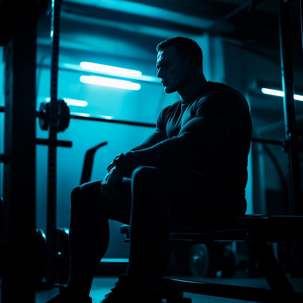 Silhouette of a massive muscular guy preparing to bench press in a dark gym with light blue fluorescent lighting.