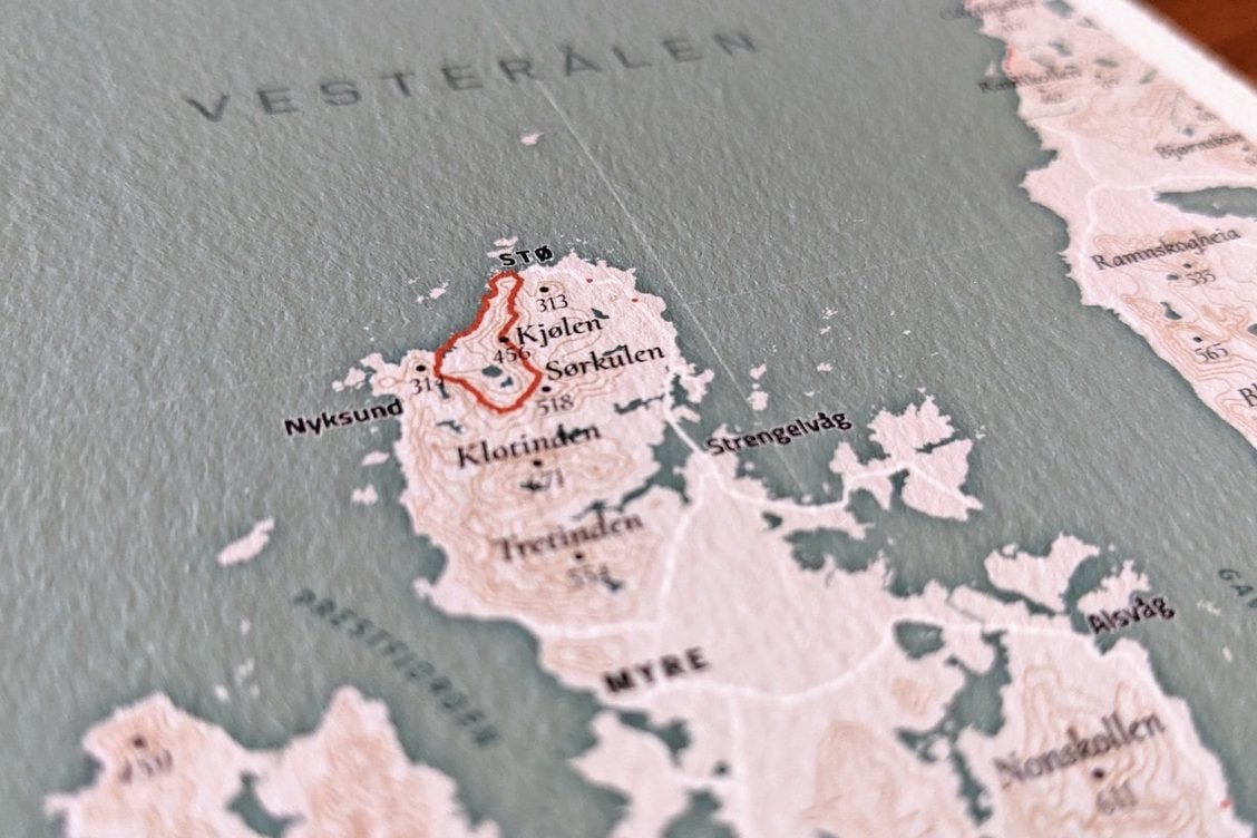 A close-up photo of the printed map of Norway