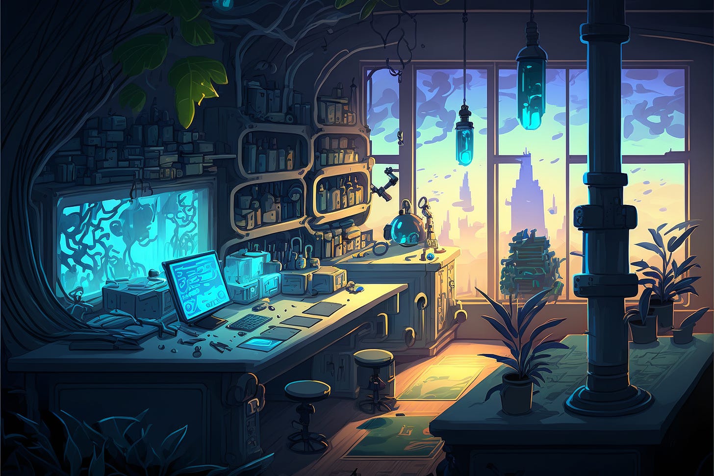 research lab, 2d game art landscape, video game environment, beautiful