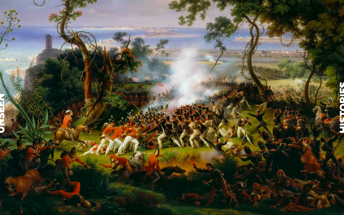 Painting from 1812 illustrates the Battle of Chiclana in Spain, showing the British army division in red fighting agains the French in blue.