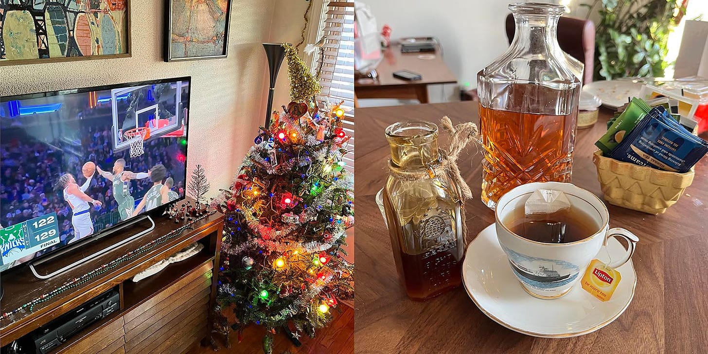 Two images: TV screen next to a Christmas tree, Knicks game onscreen with final score Knicks 129 Bucks 122, second image: a whisky decanter, teacup full of tea, and container of honey