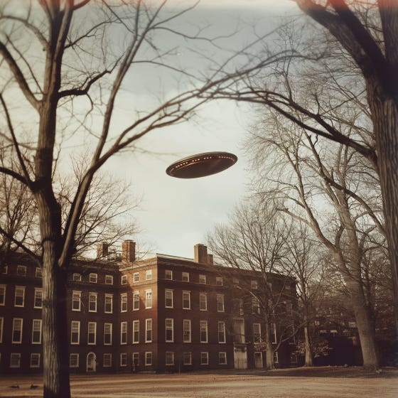 A UFO hovers over a brick college building with trees cutting across a grey daytime sky.