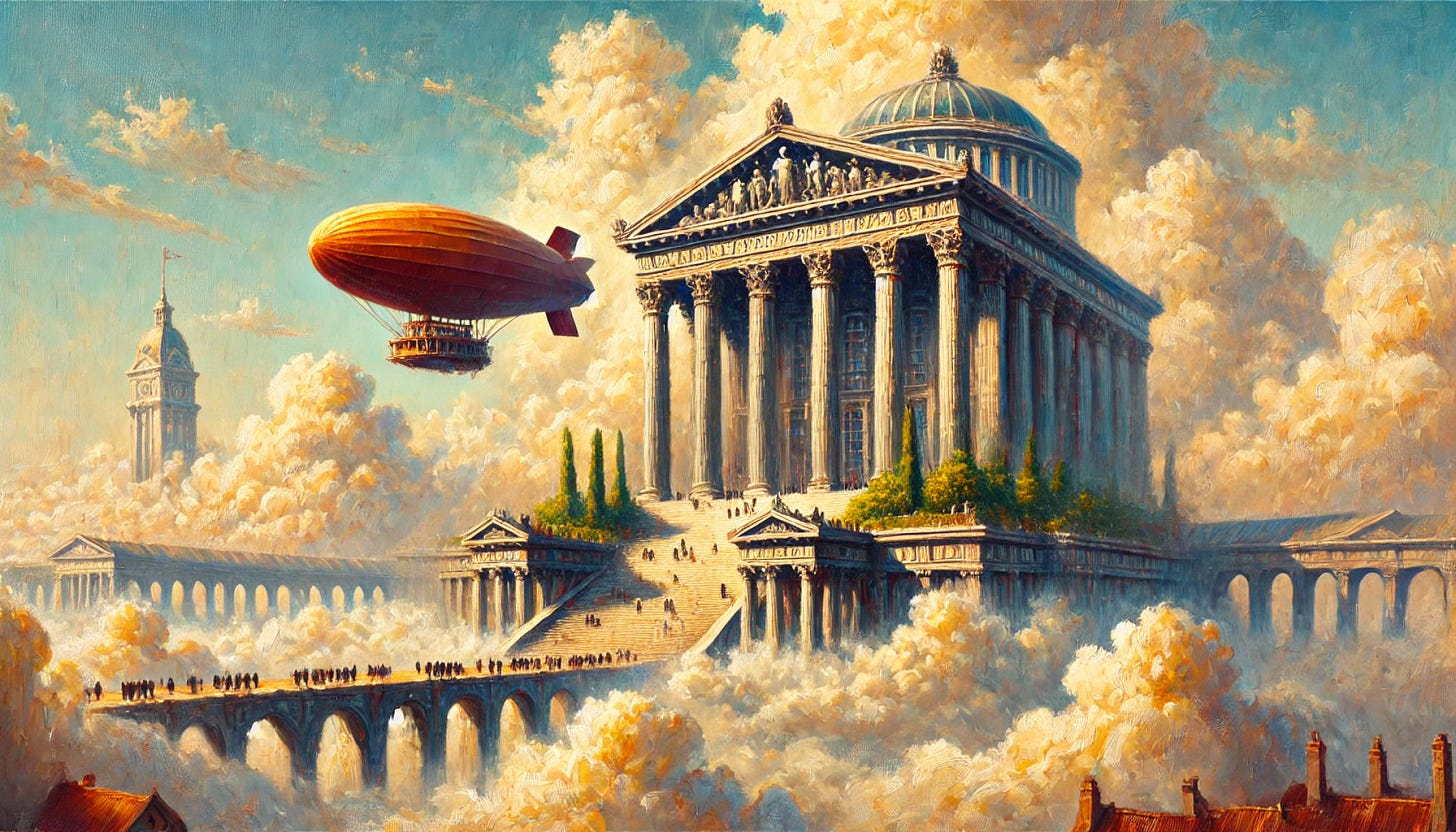 An impressionist-style painting of a grand, Greek-inspired floating academy in the sky, surrounded by fluffy clouds. The academy features classical Greek architecture with large columns, intricate pediments, and lush greenery. A large dirigible is seen arriving near the academy, with students aboard, creating a sense of adventure and grandeur. The scene has soft, expressive brushstrokes and warm, vibrant colors, capturing a dreamlike, ethereal atmosphere as the academy floats above the clouds.