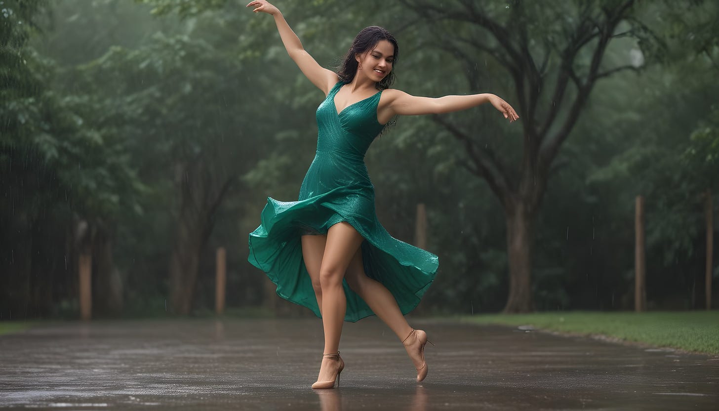 woman salsa dancing in rain wearing an emerald green dress