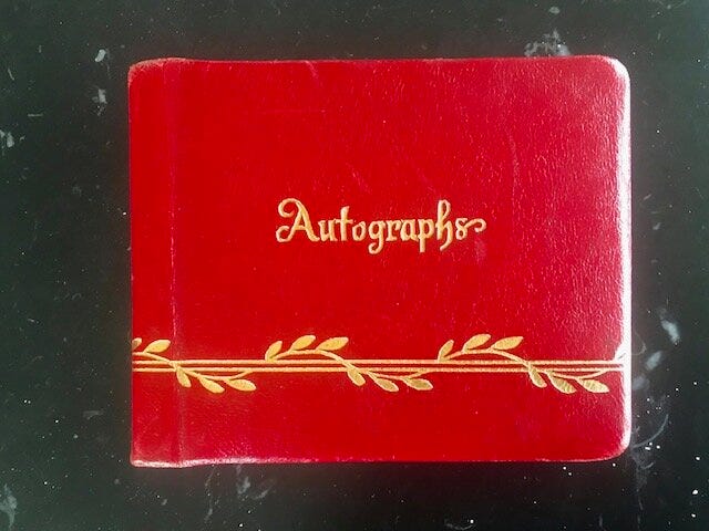 Red autograph journal with gold lettering) Red autograph journal with gold lettering)