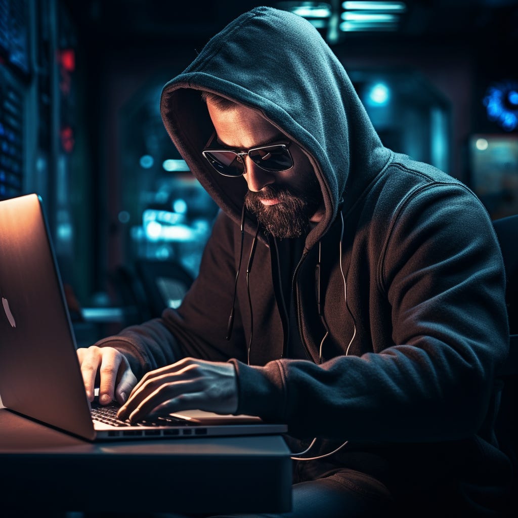 stereotypical hacker with hoodie and sunglasses sitting at a laptop.