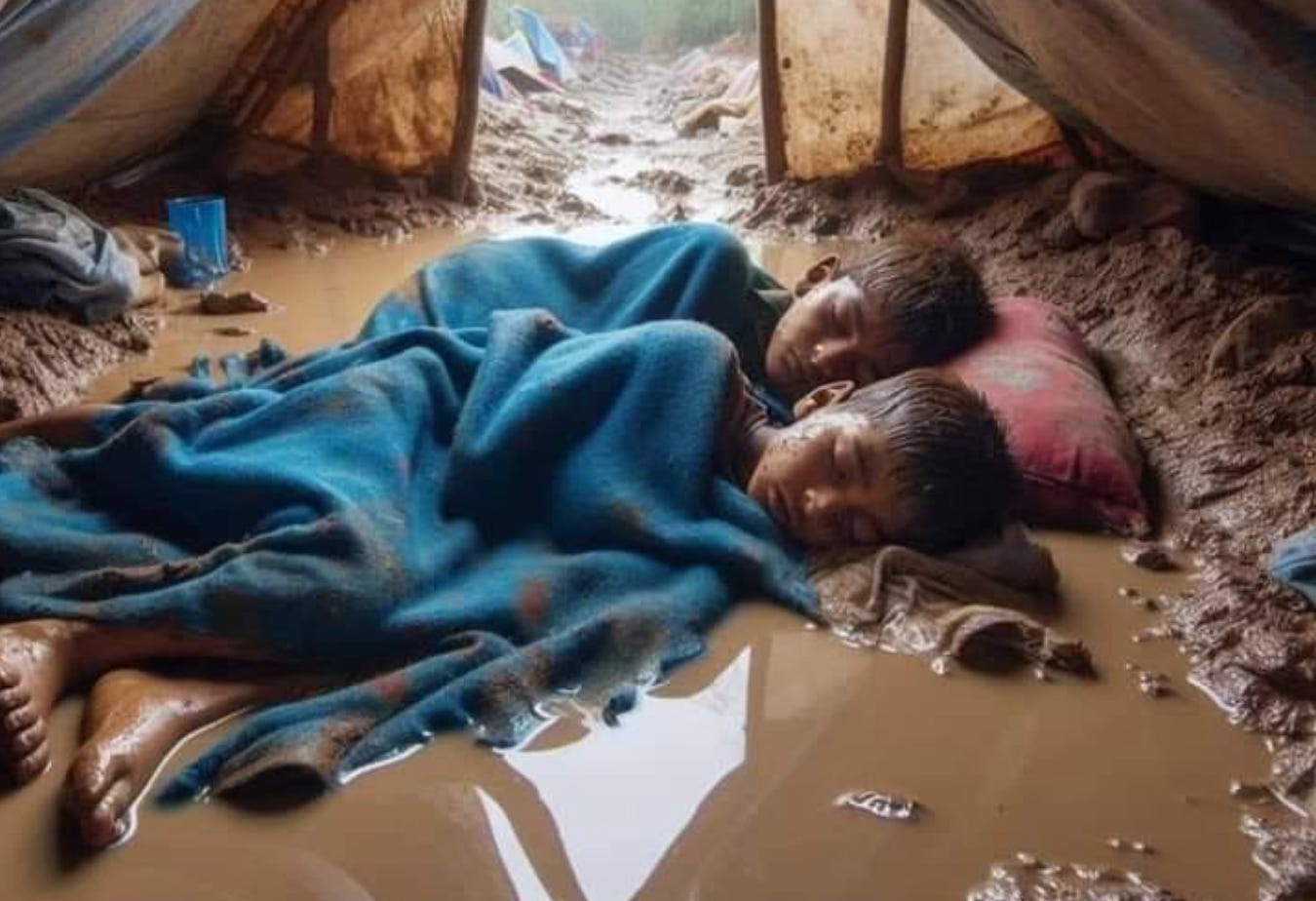 Some kids pictured lying in mud