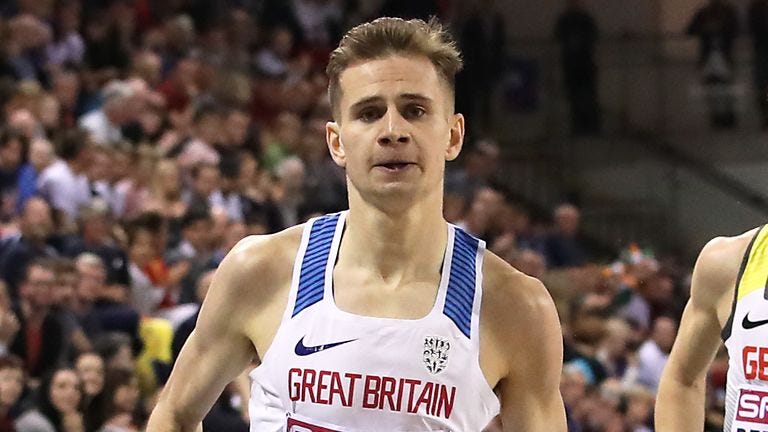 Great Britain's Robbie Fitzgibbon (left) during the Men's 1500m Final during day three of the European Indoor Athletics Championships at the Emirates Arena, Glasgow.