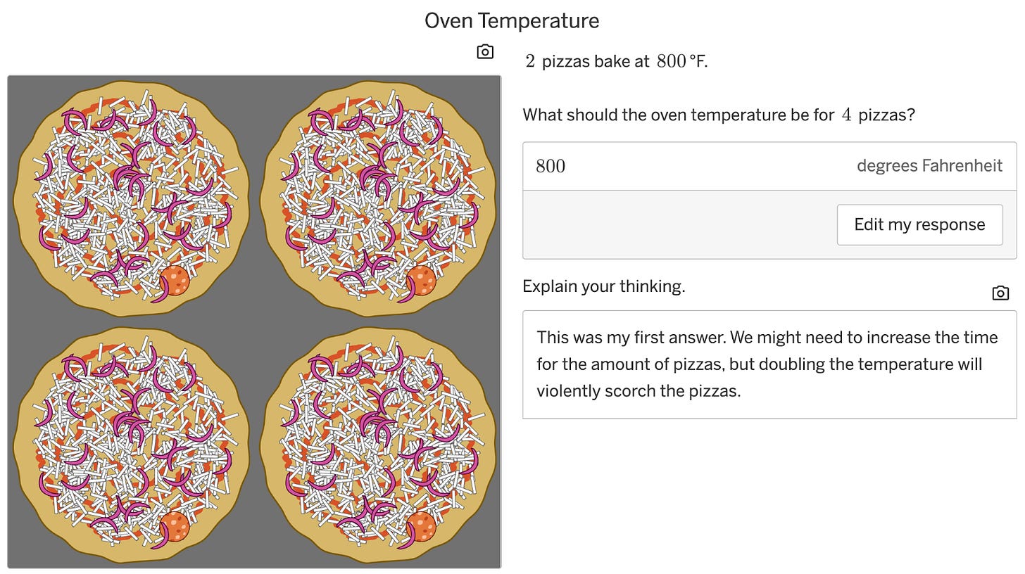 A question asking students: “2 pizzas bake at 800° F. What should the temperature be for 4 pizzas?” A student responds: “This was my first answer. We might need to increase the time for the amount of pizzas, but doubling the temperature will violently scorch the pizzas.”