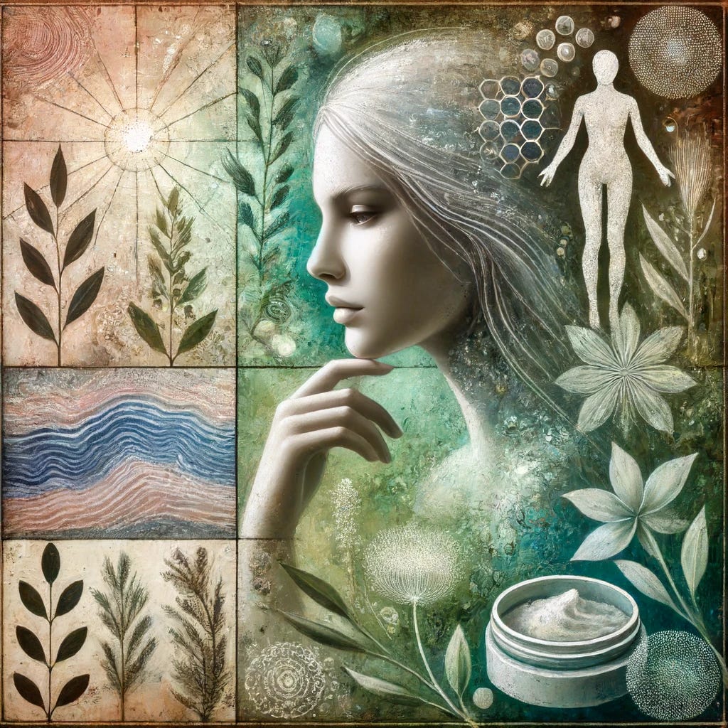 An artistic square image focusing on the themes of skin cancer, black salve, and inner voice. The central figure is a serene woman with a thoughtful expression, surrounded by abstract representations of skin healing and natural elements like herbal plants. The background features subtle imagery of skin cells and the black salve application process, blending science and nature. The color palette includes calming greens, earthy tones, and hints of soft light to evoke a sense of inner strength and natural healing. The overall style is artistic and symbolic, capturing the essence of the themes without explicit text.