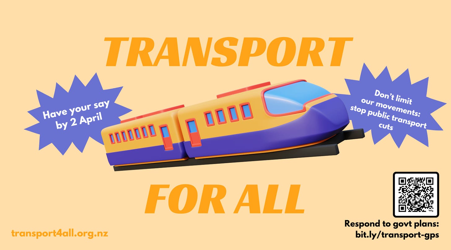 Transport for all graphic - have your say by 2 april, stop the public transport cuts