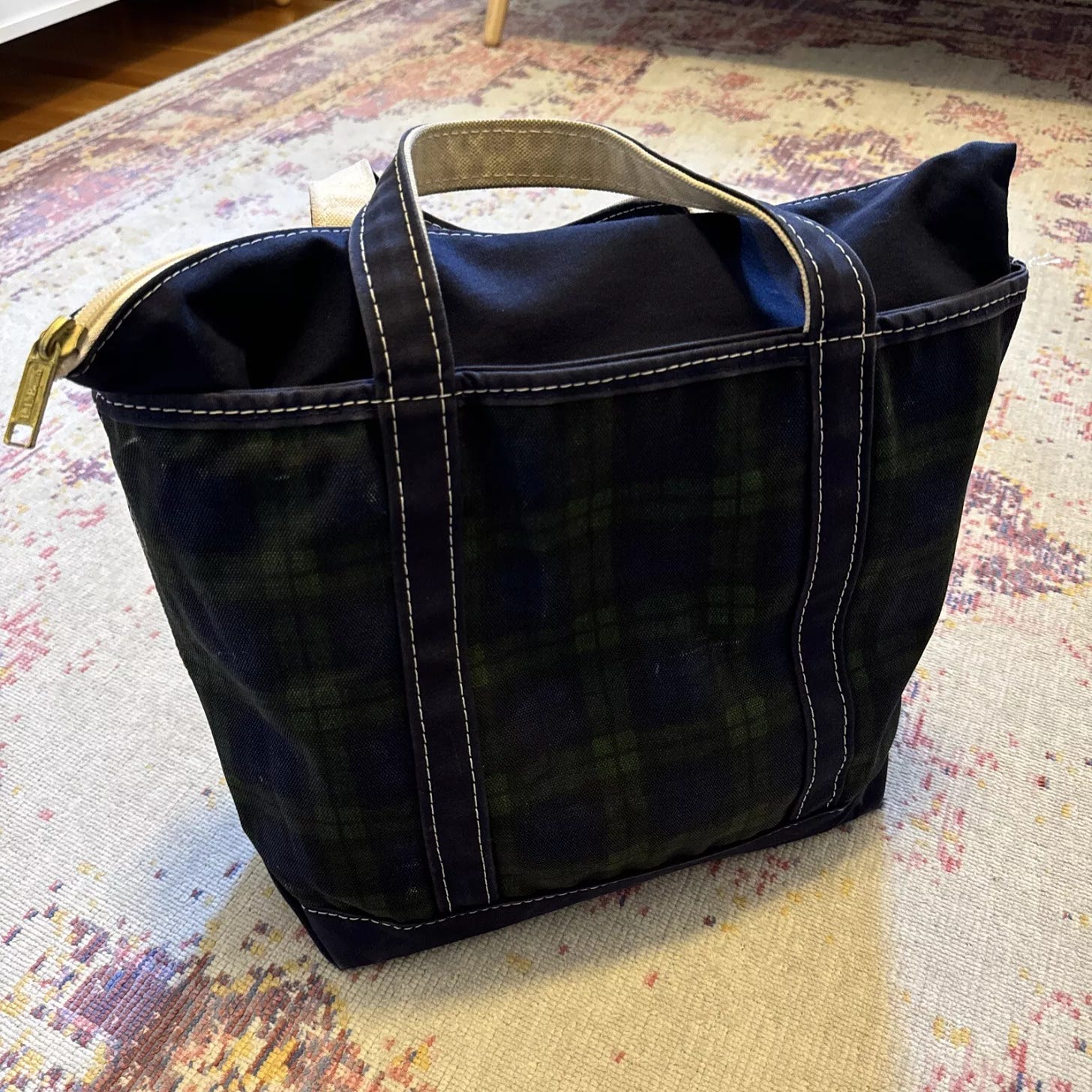 Vintage LL Bean Boat And Tote Blackwatch Tartan Plaid Canvas Bag USA Zip Top - Picture 1 of 5