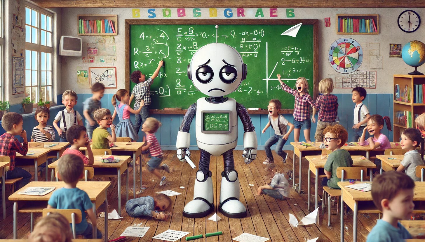 A scene of an unhappy, overwhelmed robot teacher standing at the chalkboard in front of a crowded, chaotic classroom of energetic second graders. The robot teacher has a sad expression with drooping eyes and slightly hunched shoulders, holding chalk awkwardly in one robotic hand. The classroom is filled with young children, some laughing, talking, and others throwing paper airplanes or running around. The chalkboard has some scattered, half-finished math problems. The classroom background includes desks, books, and colorful posters, creating a lively but chaotic atmosphere.