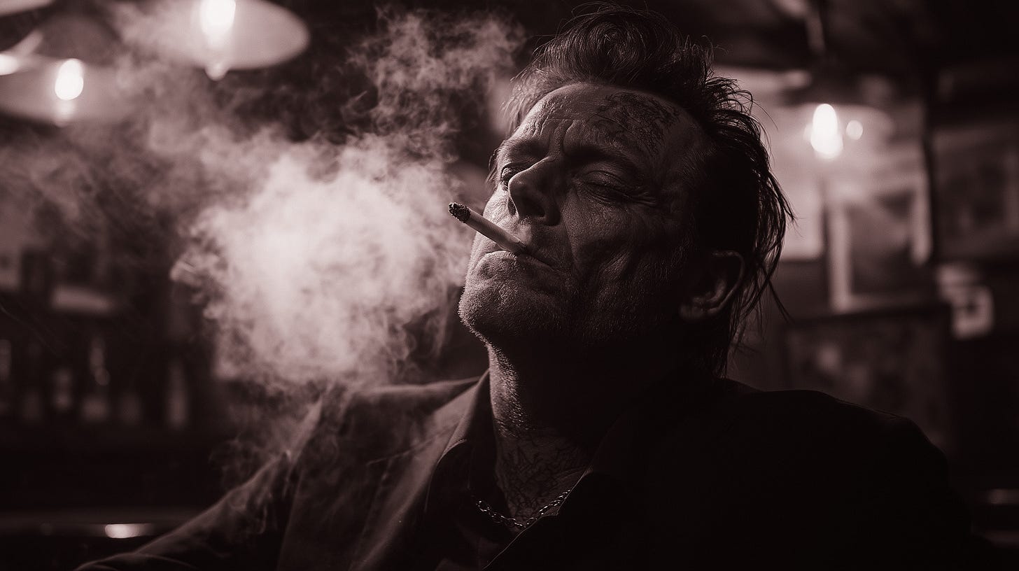 Moody Man Smoking Cigar in Dimly Lit Bar