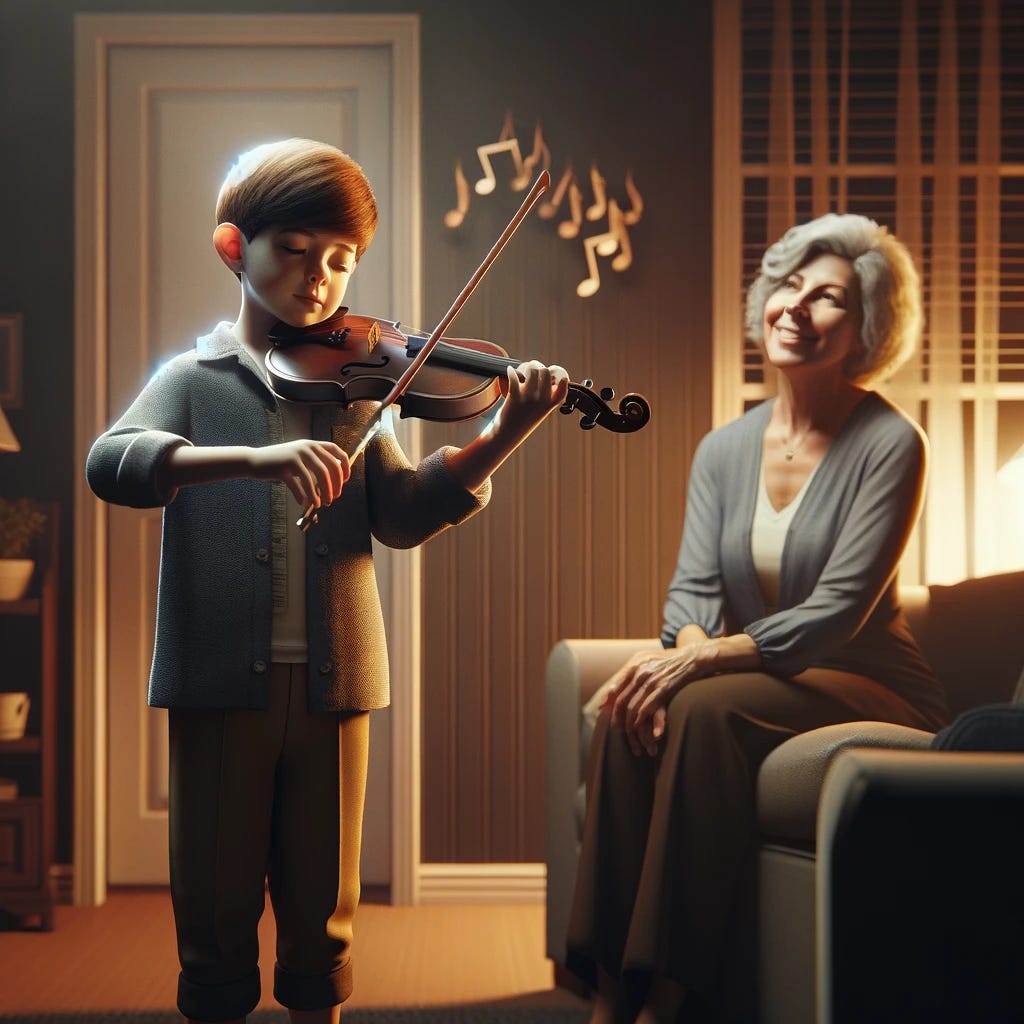A touching scene of a boy playing the violin with his mother watching him proudly. The boy, dressed in casual home clothes, stands confidently as he plays, concentrating deeply on the music. His mother sits in a nearby armchair, her face expressing pride and joy as she watches her son perform. The setting is a living room, warmly lit to create a cozy atmosphere. The room is tastefully decorated, with a few musical notes hanging in the air, visually representing the beautiful sounds filling the space. This image captures the special bond between mother and child through the shared love of music, highlighting the mother's support and the child's developing talent.