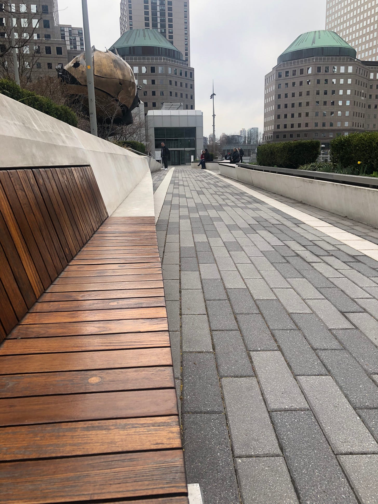 recycled teak benches, sculptural planters, mixed paving, NYC greenspaces