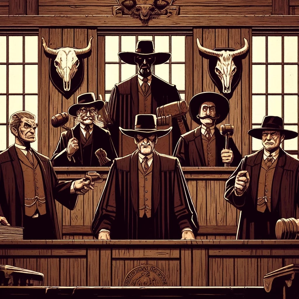 Rework the illustration of the sinister judges in the style of a 1930s cartoon, this time incorporating elements of the American Far West into the Arizona Supreme Court scene. The courtroom should now feature rustic, wooden interiors, reminiscent of a saloon, with details like swinging saloon doors, wooden beams, and perhaps a mounted animal head on the wall. The judges themselves could have elements in their attire that nod to the Wild West, such as bolo ties or cowboy boots peeking out from under their robes. Their oversized gavels could resemble wooden mallets used in frontier justice. Keep the exaggerated 1930s animation style, with the judges' stern, imposing expressions and the dark, moody atmosphere, but infuse it with the rugged, adventurous spirit of the Far West.