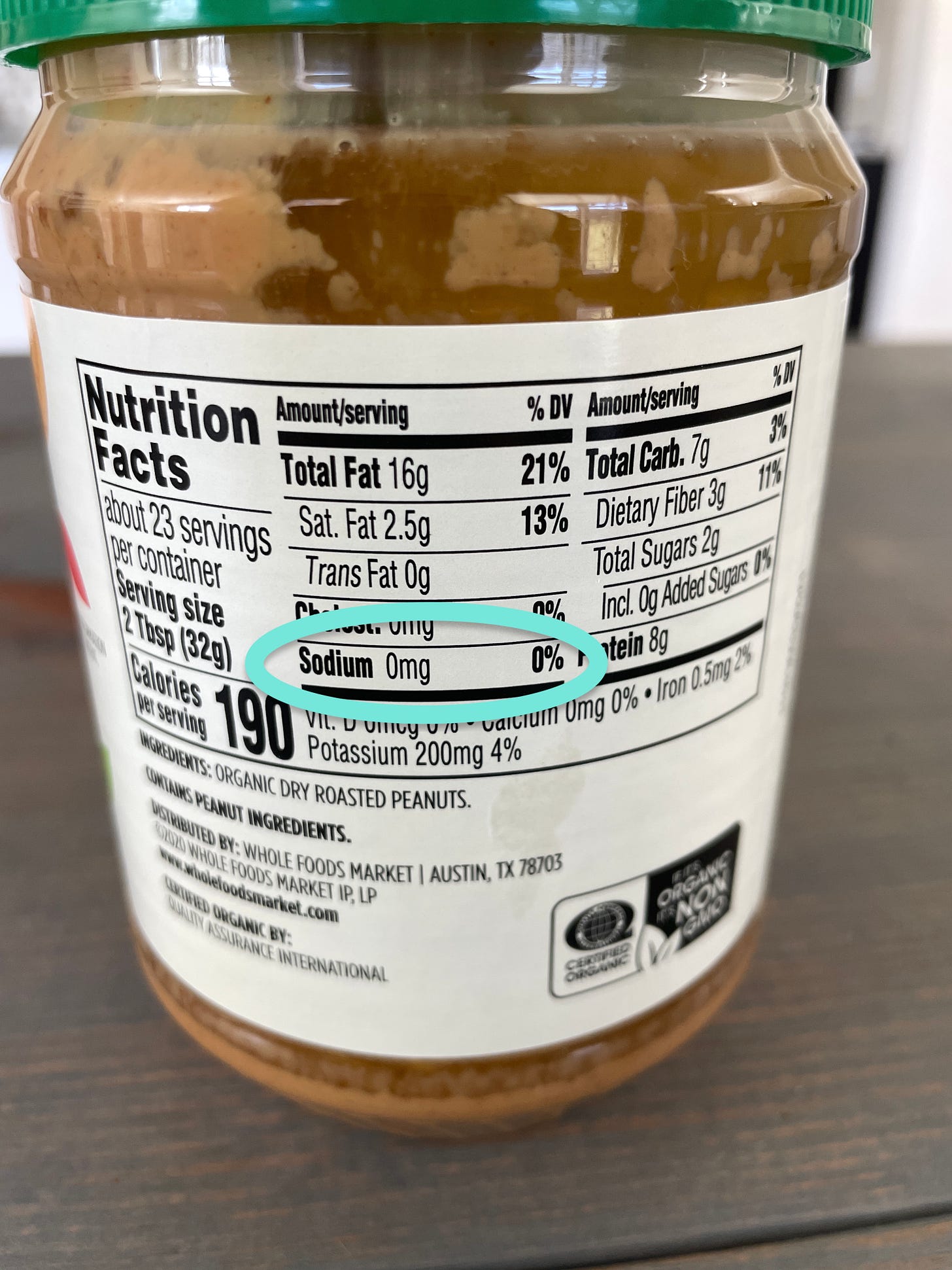 Peanut butter container highlighting sodium of zero percent daily value