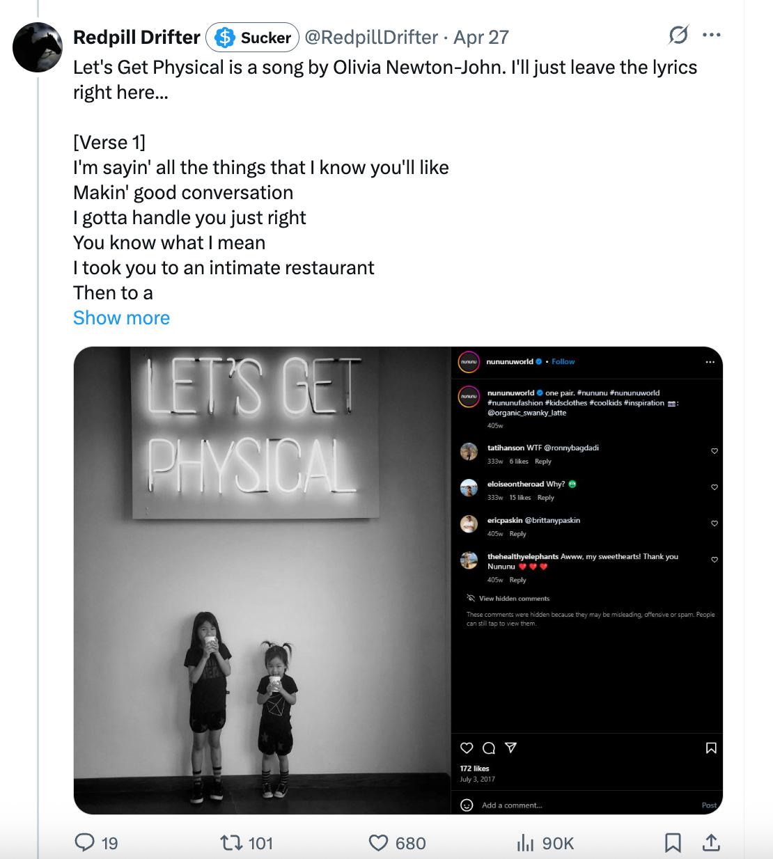 Let's Get Physical is a song by Olivia Newton-John. I'll just leave the lyrics right here...  Image: A neon sign that says Let's Get Physical with two girls standing underneath in gym clothes