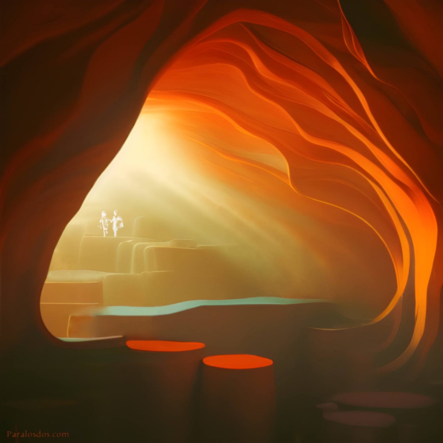    Colourful artistic rendering of a cave with sunlight coming in from the left. 