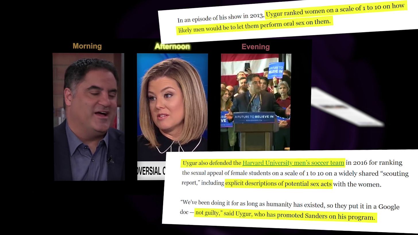 Two selections from an LA Times article titled 'Bernie Sanders retracts endorsement of Californian who defends crude sex ratings of women' hover above a three column video clipout containing Cenk Uygur in an appearance on The Damage Report on left, Brianna Keilor of CNN interviewing Ro Khanna in the middle and Cenk Uygur at podium from a Fox News clip announcing Bernie withdrawing his endorsement of Cenk Uygur