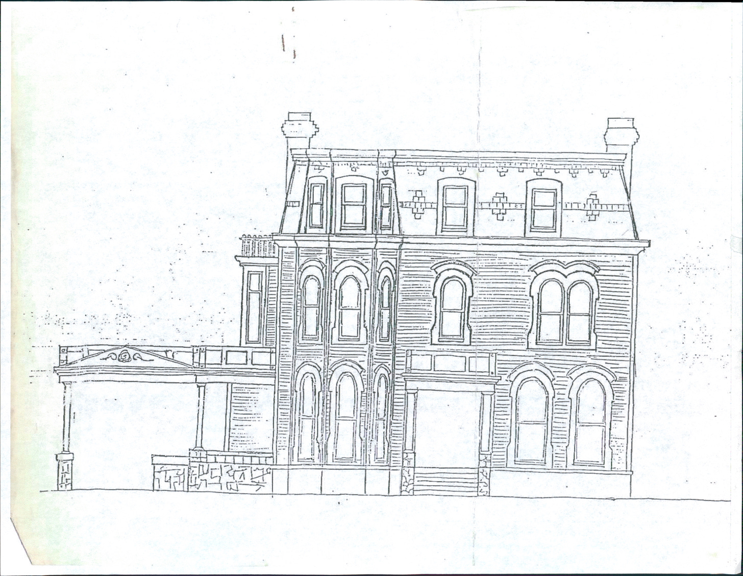 Line sketch of three-story Victorian house with mansard roof.