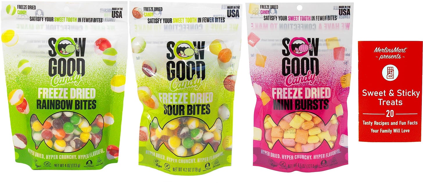Amazon.com : Sow Good Freeze Dried Candy 3 Flavor Variety - (1) Each:  Rainbow Bites, Sour Bites, Mini Bursts (4-4.5 Ounces) Plus Recipe Booklet  Bundle : Grocery & Gourmet Food