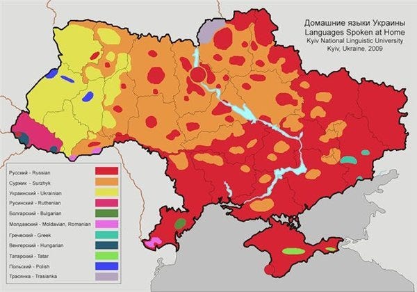 Here’s a different map of the linguistic reality in Ukraine
Ekferti84x:
“  http://en.wikipedia.org/wiki/Surzhyk
Although Central Ukraine reports ukrainian as a native tongue, in truth a large portion of the ukrainian spoken in central ukraine...