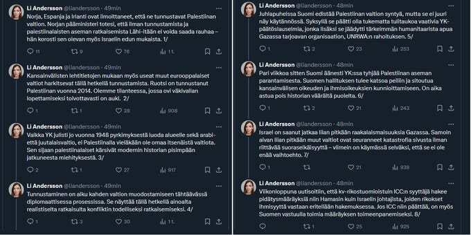 Juutalaisvihaan ja islamistisen terrorismin tukemiseen radikalisoituneen Vasemmistoliiton Andersson käytti aikaa ja näki vaivaa oikeuttaakseen terroristeille tunnistetun valtion palkinnoksi sairaista teoistaan.